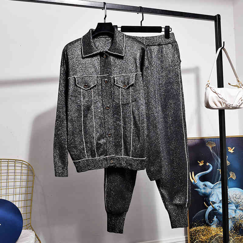 

Women's Tracksuits Autumn Fashion Long sleeve Bright silk knitted coat + Little feet Pants Casual Two Piece Set Clothes G453 JCE6, Black