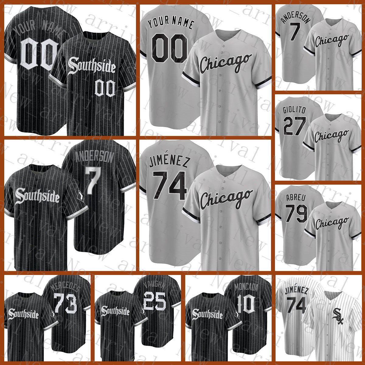 

Chicago Southside White Baseball Jersey Sox 7 Tim Anderson 74 Eloy Jimenez 27 Lucas Giolito 10 Yoan Moncada 25 Andrew Vaughn 73 Yermin Merce, Blue;black