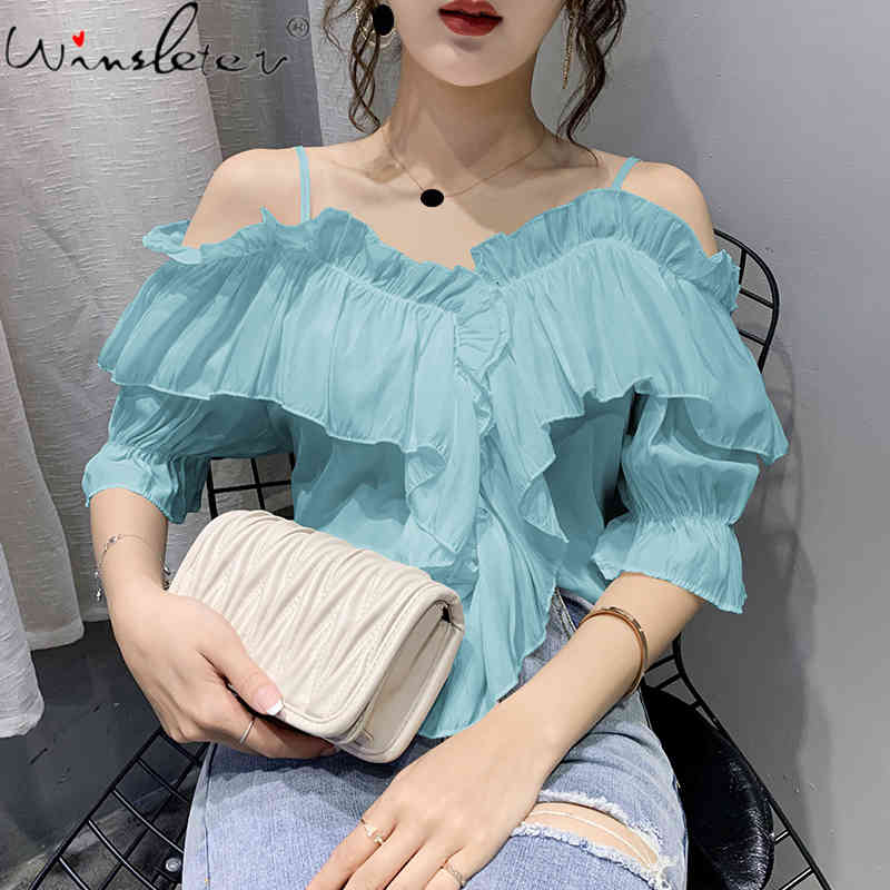 Women's Blouses & Shirts Summer Chiffon Women Fashion Sleeve Spaghetti Strap Off-the-shoulder Blouse Shirt Casual Blusa T07016B 7J