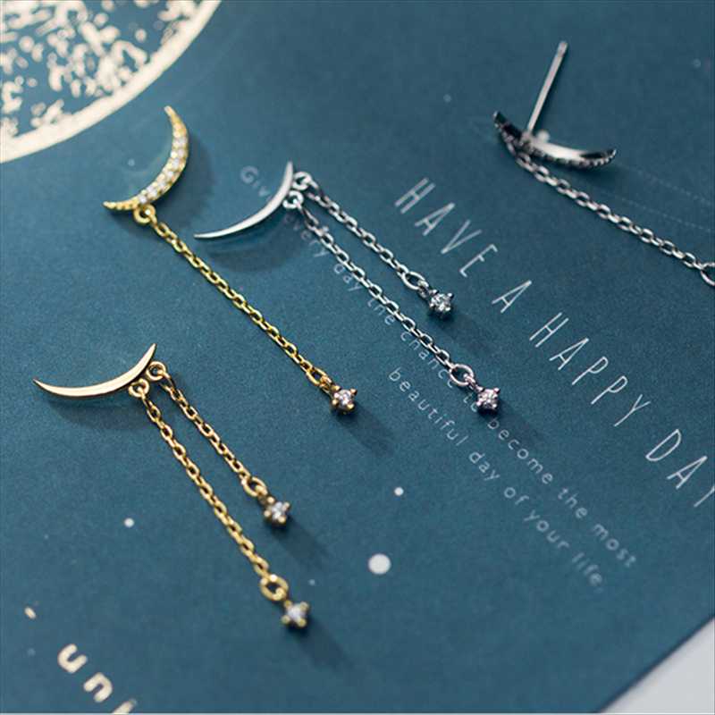 Jazaz Korean 925 Sterling Silver Round Zircon Chain Tassel Crescent Moon Drop Earrings For Fashion Women Daily Wear Dangle & Chandelier-image-697100052