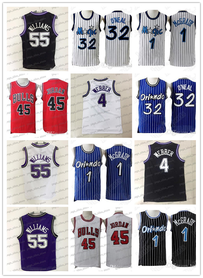 

45MJ Shaquille 32 ONeal Penny 1 Hardaway Tracy 1 McGrady jerseys Jason 55 Williams Chris 4 Webber basketball jerseys, Black