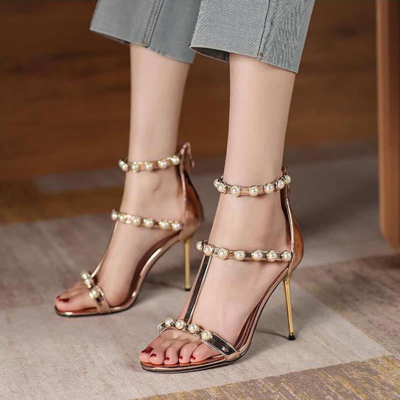 

Dress Shoes Roman Sandals Women 2021 Summer Fashion Pearl Women's Thin Heels T-strap High Open Toe Zip Lady, Silver