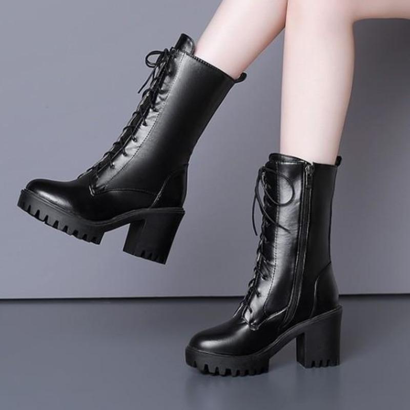 

Boots British Motorcycle Lace Up Women's Knight 2021 Thick Heel Soled Ins, Black