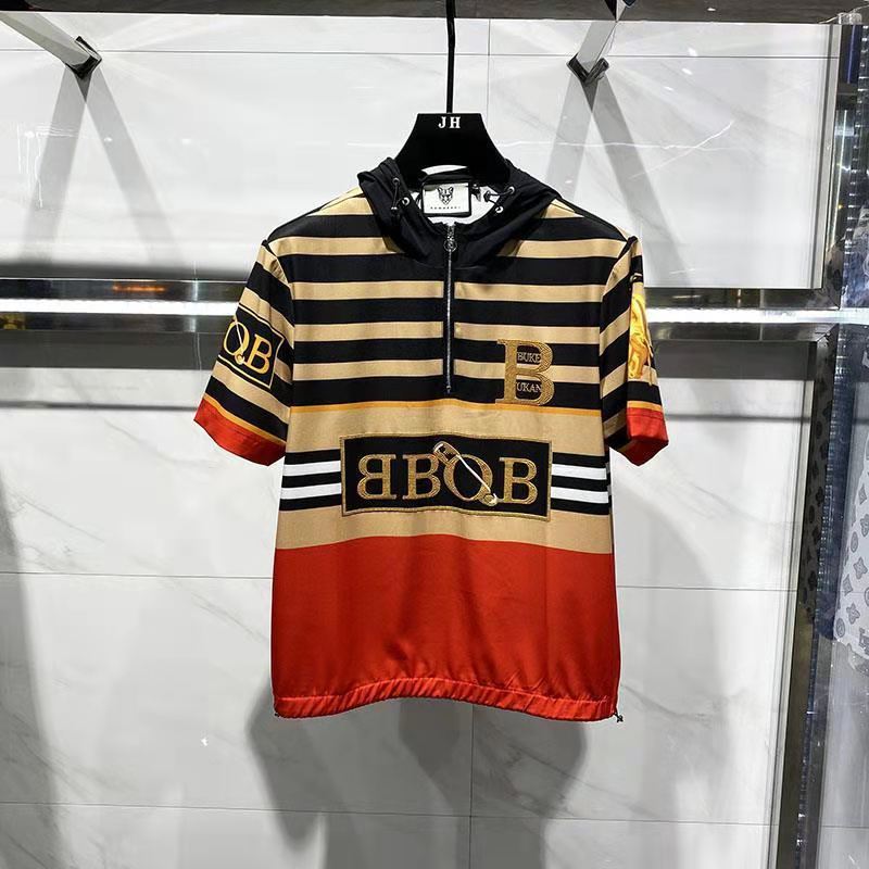 

men's summer fashion hooded polo t-shirt ice silk taurus horizontal stripe splicing color design luxury t-shirts, White;black