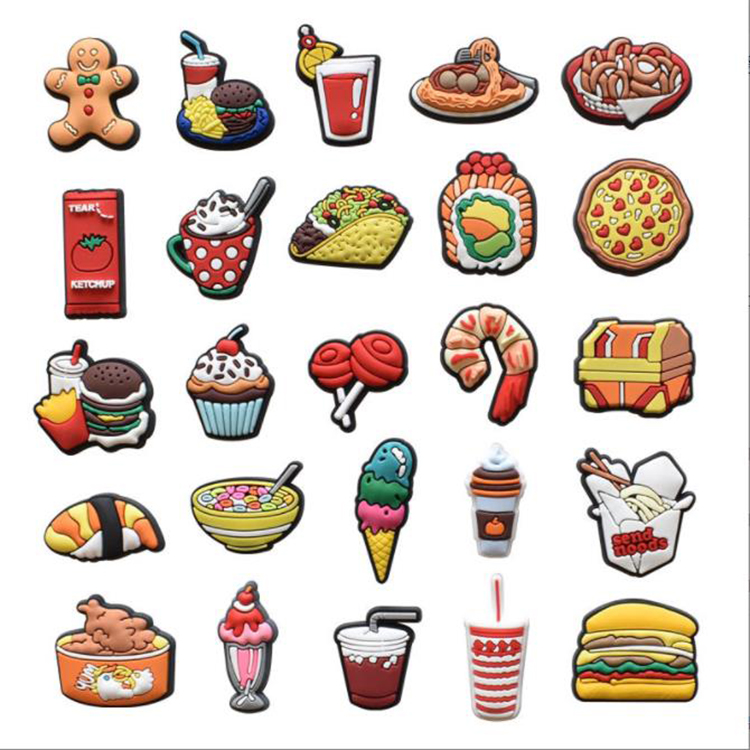 

Fast delivery wholesale cartoon food drink croc charms hole garden shoe flower pvc soft rubber clog wristband decoration gift instock