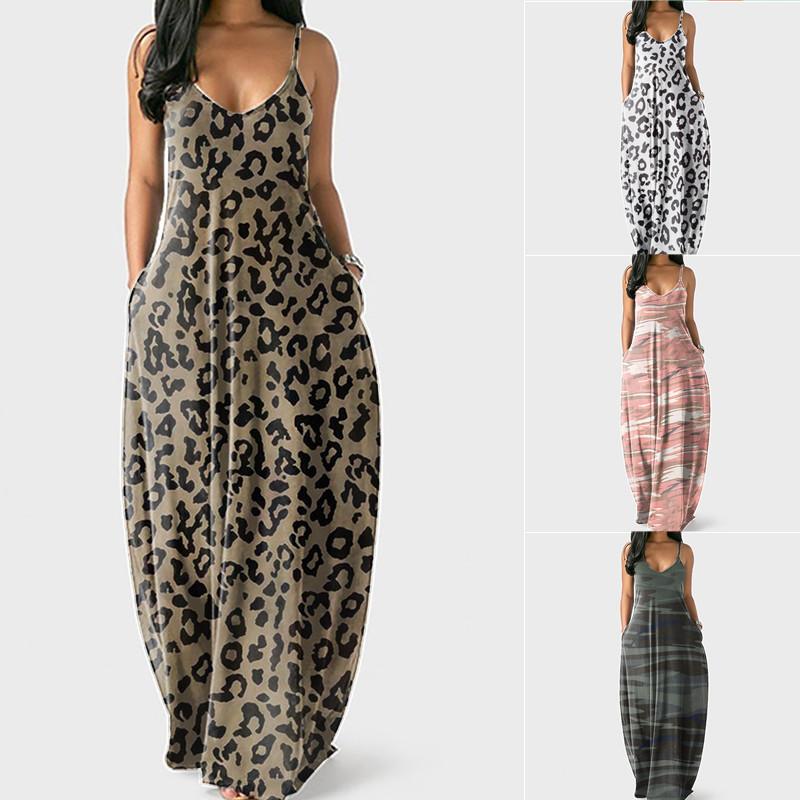 

Casual Dresses 2021 Summer Women Loose Long Dress Sexy Spaghetti Strap V Neck Leopard Print Boho Beach A Line Sleeveless Vestidos Robe, Leopard brown