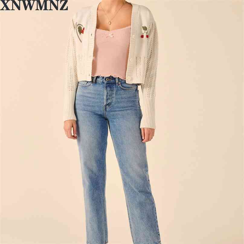 

Womens Knitted Cardigan Hollow Out Long-sleeved V-neck Cherry Embroideried Sweater Autumn and Winter Short Outwear Coat Top 210520, Ivory