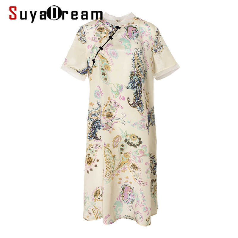 

SuyaDream Women Chinese Style Silk Dresses 100%Silk Cheongsam Printed Knee length Vintage Dress Spring Summer 210603, Beige