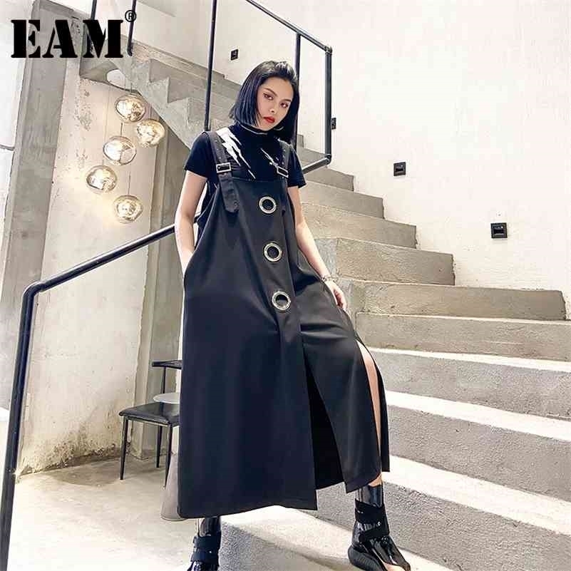 

[EAM] Women Black Hollow Out Vent Split Big Size Strapless Dress Sleeveless Loose Fit Fashion Spring Summer 1T768 210630