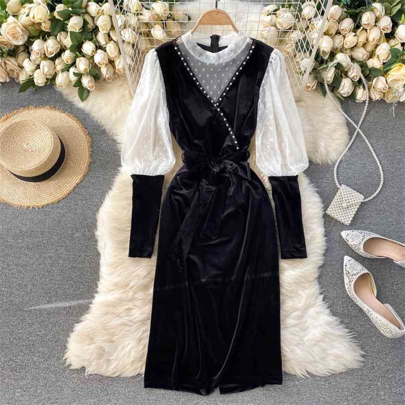 

Velvet Dress for Women Elegant Beading Dot Mesh Patchwork O-neck Puff Sleeve Vintage Party Vestidos Fashion Autumn 210603, Black