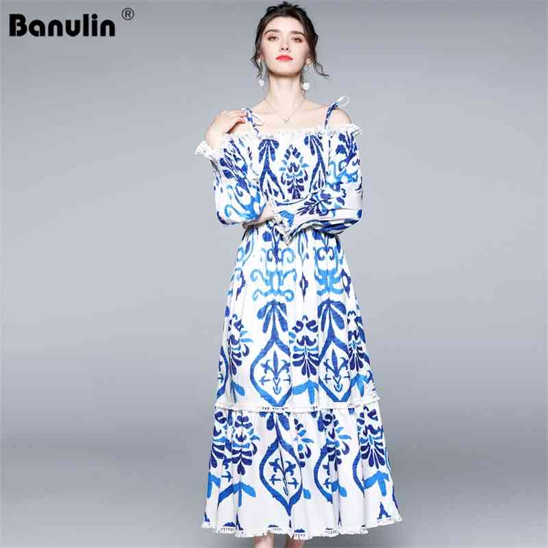 

Banulin Runway Summer Bow Spaghetti Strap Long Dress Women's Blue and white porcelain Print Bohemian Holiday N55105 210603