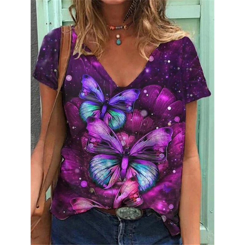 

Women's 3D Purple Butterfly Printed Polyester T-Shirt Oversized Loose Short Sleeve V-neck T-Shirt Casual Streetwear Summer Basic T-Shirt 5XL, White