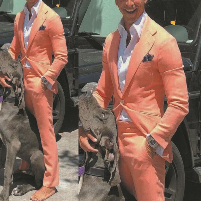 

Men's Suits & Blazers Orange Color 2pcs Notched Collar Business Casual High-quality Wedding Tuxedos(Jacket+Pants)Custom Made Men Suit Set, As picture