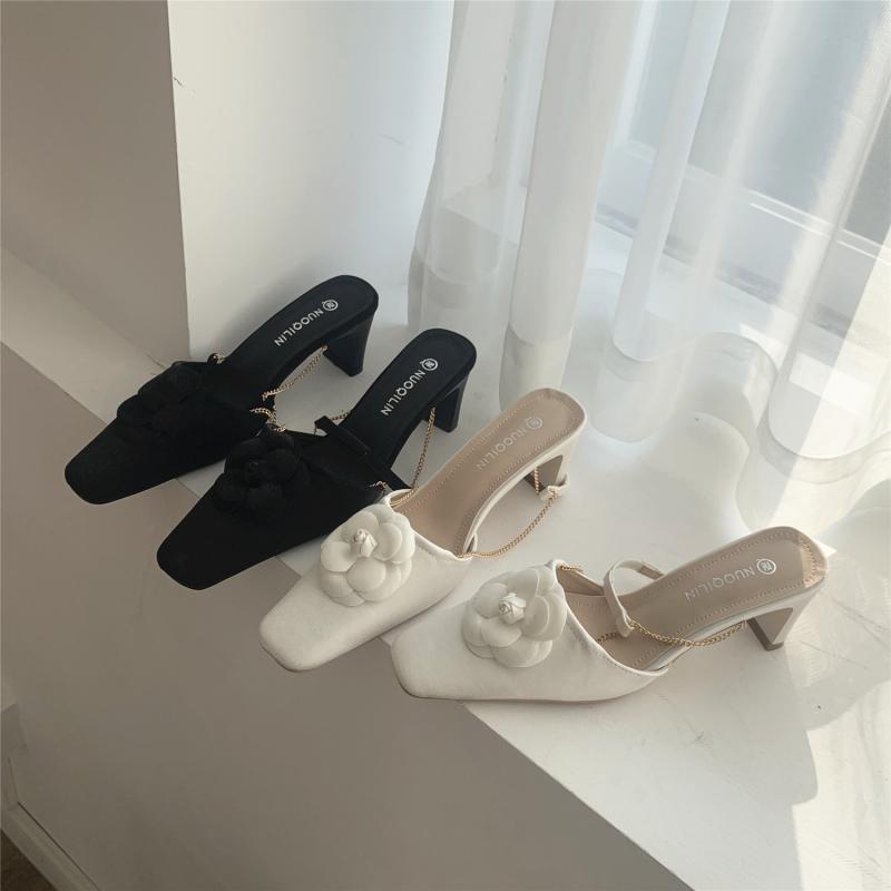 

Dress Shoes 2021 Chic Camellia Flower Modern Sandals Women Mules Summer High Heels Woman Pumps Square Toe Chain Elastic Band Sandalias, Black