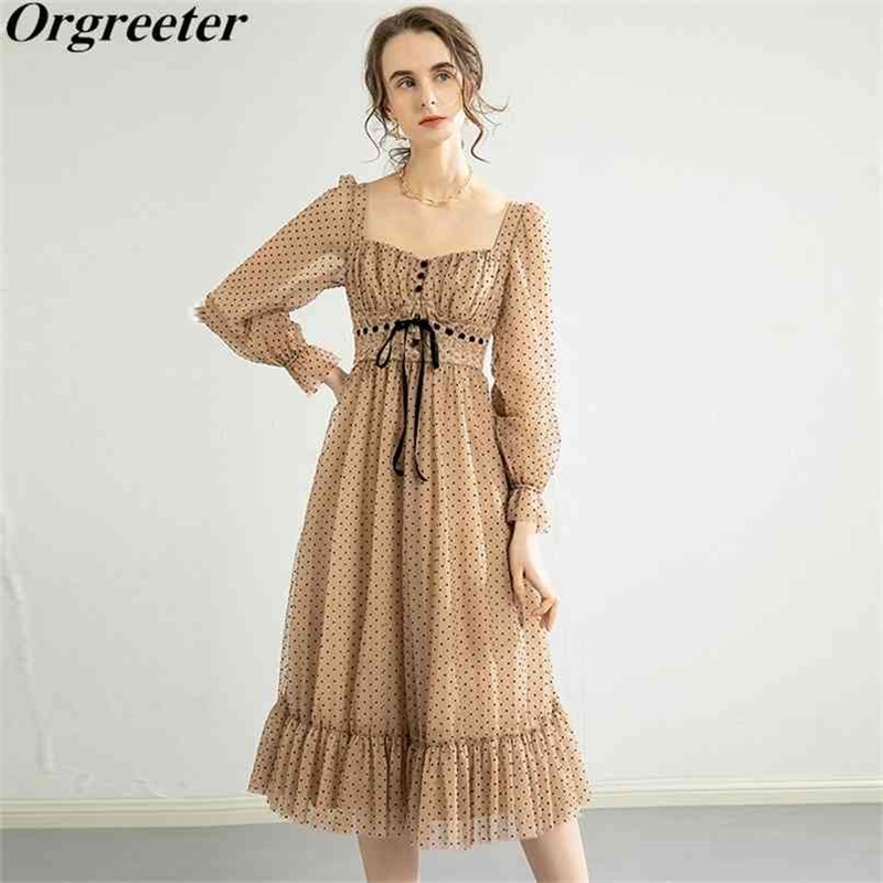 

Plus Size S-XXL Spring Fashion Women' Dress Elegant Square collar Flare sleeve Sashes Bow Lace Deco Dot Print Pleated 210602, Khaki