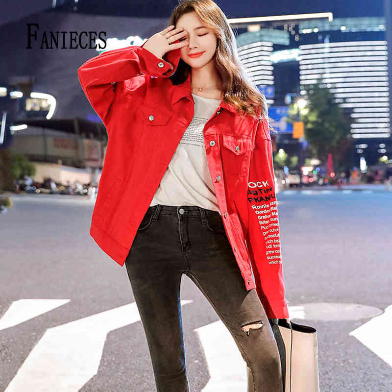 

ins women coat autumn red fashion Korean style pocket letter print casual loose denim jackets female mujer bomber jacket 210520