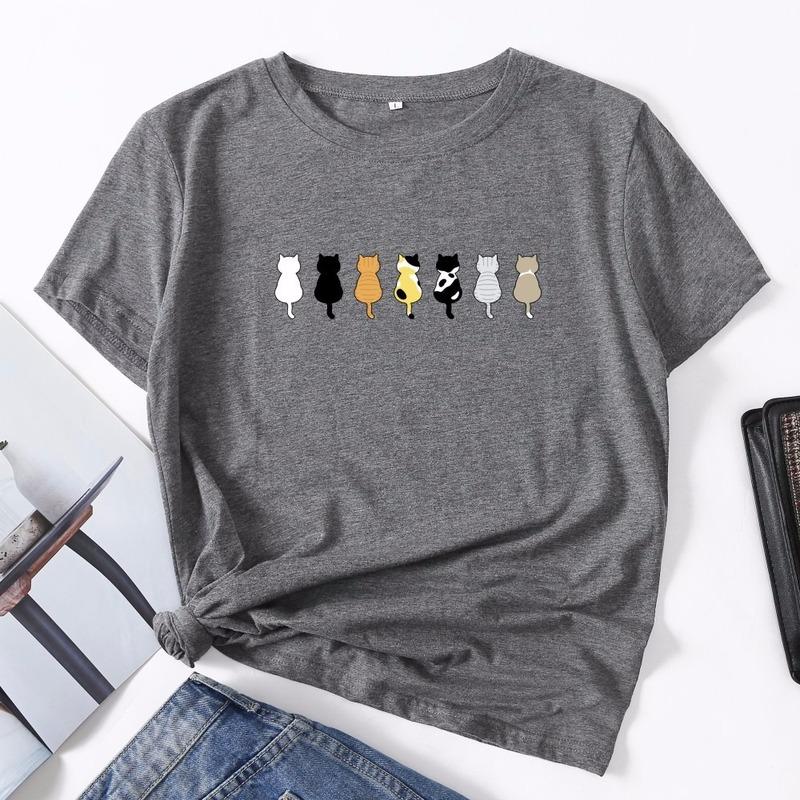 

Women' T-Shirt Cotton Summer Women T Shirt -5XL Plus Size Cute Cats Print Short Sleeve Ladies Basic Tees Top Casual O-Neck Female Woman TS, Black