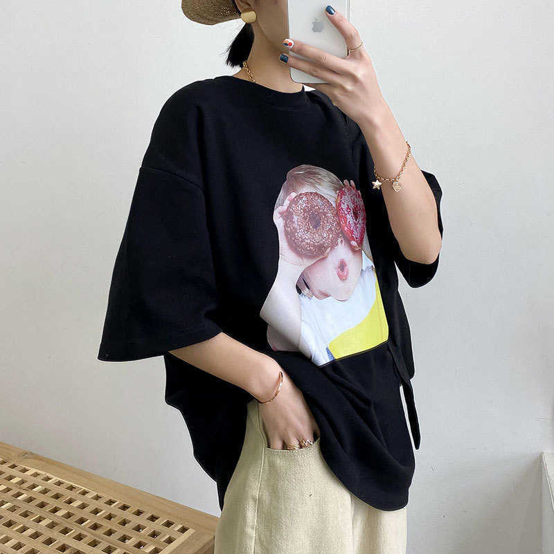 

Spring Summer Korean Women's O-Neck Pullover Printed Short Sleeve T-shirt Women Loose Tops Female 210607, White