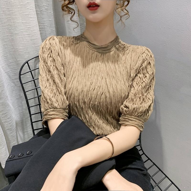 

Brand Cotton Women' T-Shirts Short Sleeves Solid Color Women Pleated T Shirt For Female Tops Woman Half High Collar T-Shirt, Beige