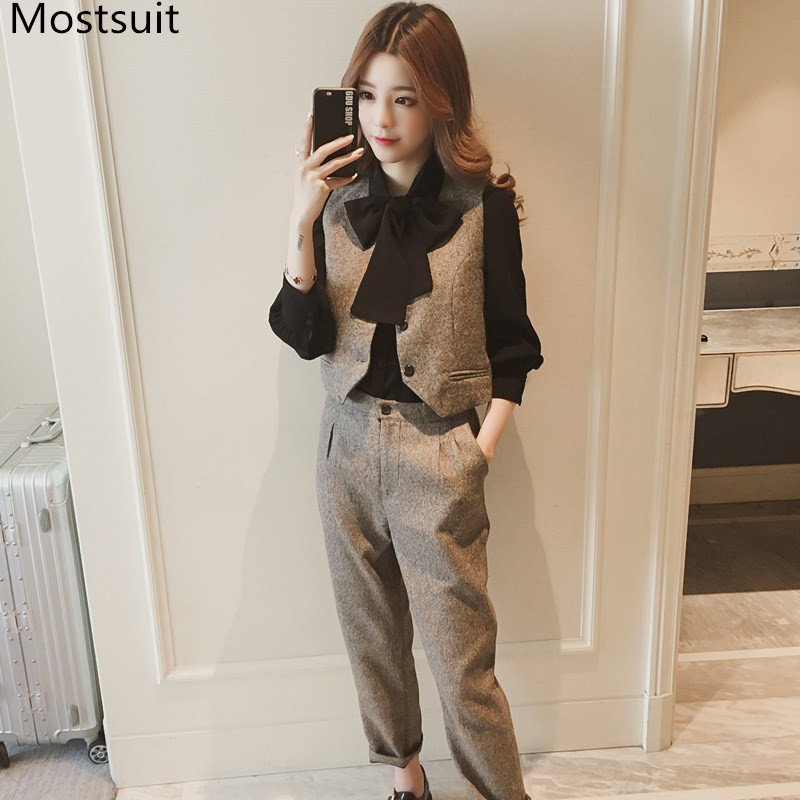 

Spring Office Fashion 3 Piece Sets Women Black Bow Shirt + Vest Pants Suits Korean Ol Style Workwear Female 3 Pcs 210518, Coffee