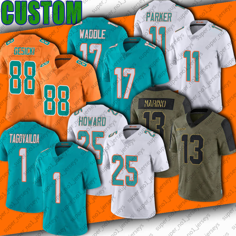 

17 Jaylen Waddle 1 Tua Tagovailoa Jersey Football Dan Marino Mike Gesicki Jaelan Phillips Jerseys Xavien Howard Jevon Holland DeVante Parker Jerome Baker Williams, Man custom jersey (ht)