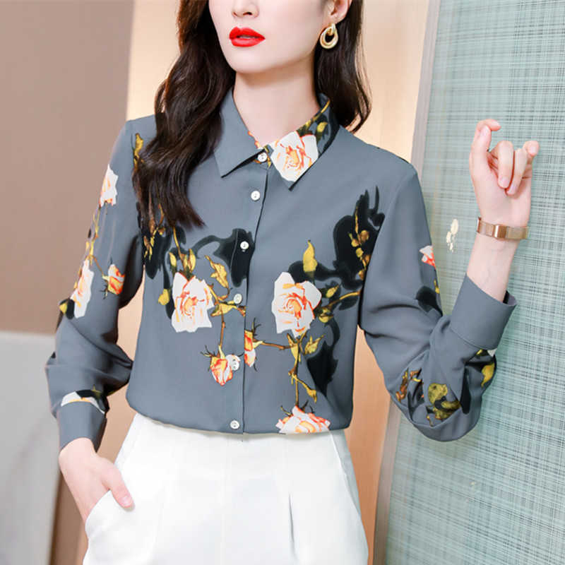 

Korean Women Shirts Chiffon Blouses Print Shirt Tops Plus Size Woman Floral Blouse Camisas De Mujer Elegantes XXXL 210604, Blue gray