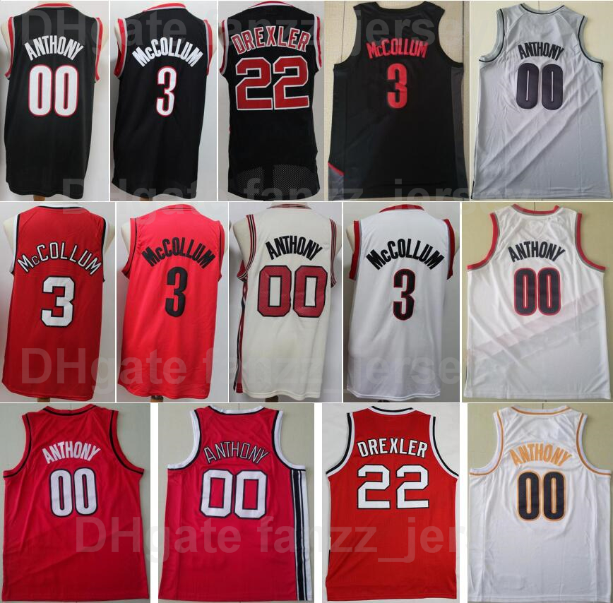 

CJ McCollum Jersey 3 Men Basketball Carmelo Anthony 00 Clyde Drexler 22 For Sport Fans Black Red White Beige Grey Team Color All Stitching Breathable Pure Cotton, 3 red