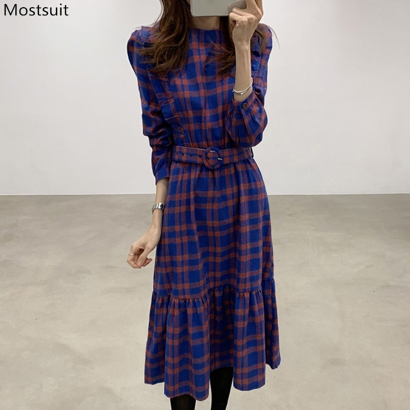 

Spring Autumn Women Vintage Long Plaid Dress With Belt Full Sleeve O-neck Tunic Elegant Mid-calf Party Dresses Robe Femme 210518, Red