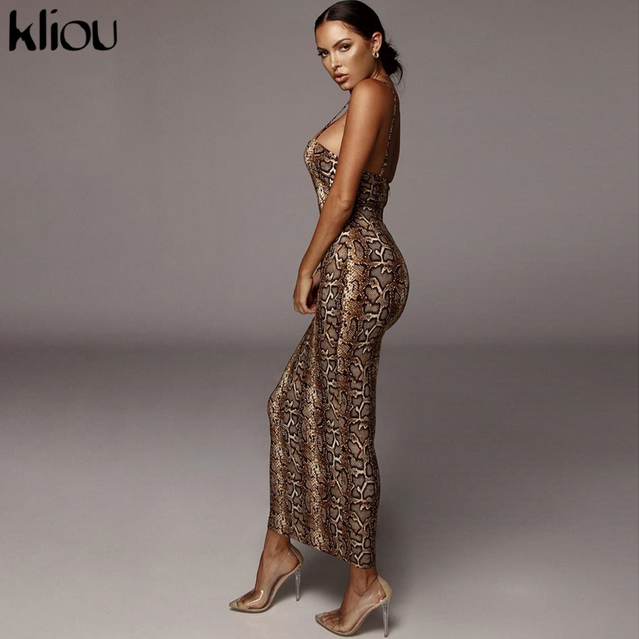 

2021kliou serpentine print women sleeveless backless elegant slim pencil dress 2021 adjustable shoulder strap banquet dress, Black;gray