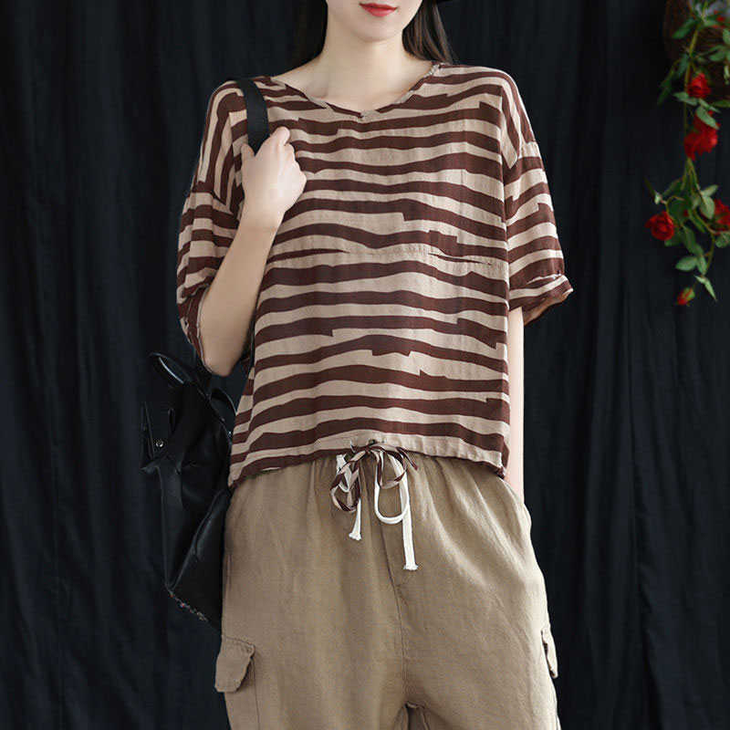 

Summer Style Women T Shirt Plus Size Short Sleeve Loose Drawstring Design Casual Tee Shirt Femme Cotton Linen Striped Tops D84 210608, Black