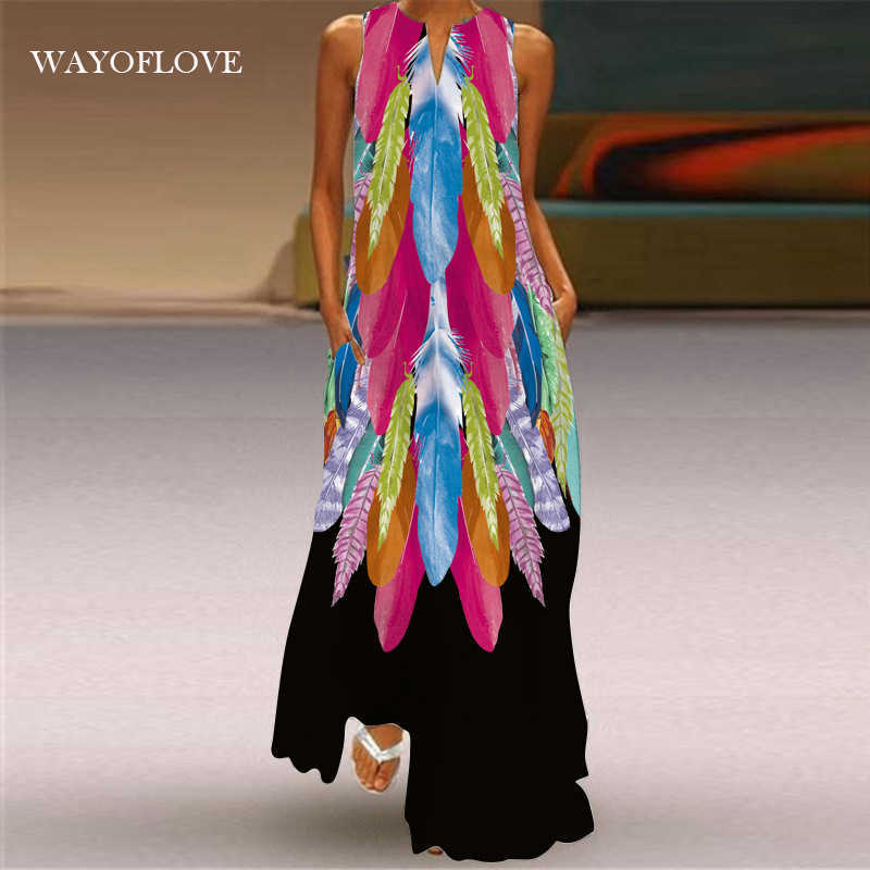 

WAYOFLOVE Fashion Feather Print Dress Sleeveless Plus Size Long Dresses Summer Woman Casual Girl Beach Maxi Dress For Women 210602, Vlcq-80
