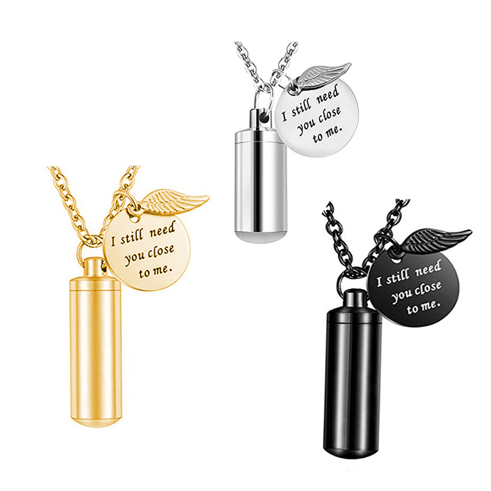 

Wholesale stainless steel cylindrical cremation necklace,with round and leaf pendant ashes memorial necklace-I still need you close to me