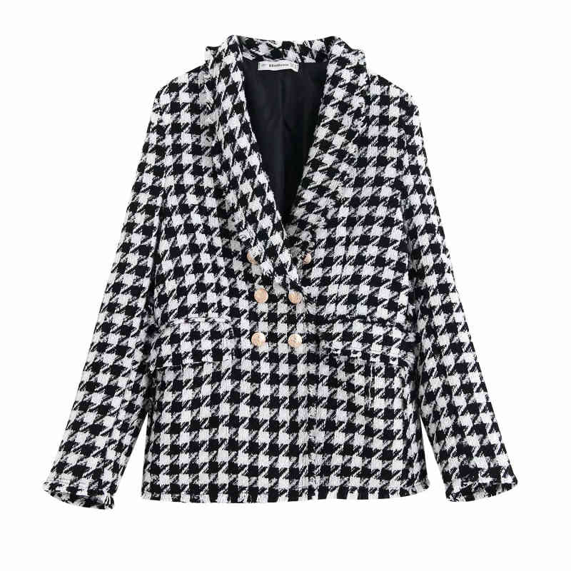 

Fashion Za Vintage Women Houndstooth Plaid Tweed Jacket Double Breasted Pocket Long Sleeve Female Coat Casaco Femme 210520, Beige