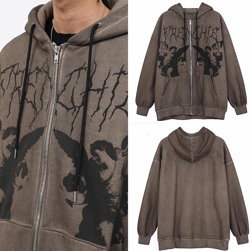 

Men's Hoodies & Sweatshirts Angel Fairy Grunge Dark Print Brown Loose Zipper Y2k Punk Jacket Hip-hop Harajuku Oversized Streetwear