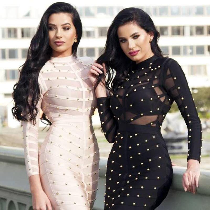 

Casual Dresses 2021 Women Black Lace Bandage Dress Autumn Midi Long Sleeve Sexy Mesh Bead Bodycon Club Celebrity Party, Black;gray