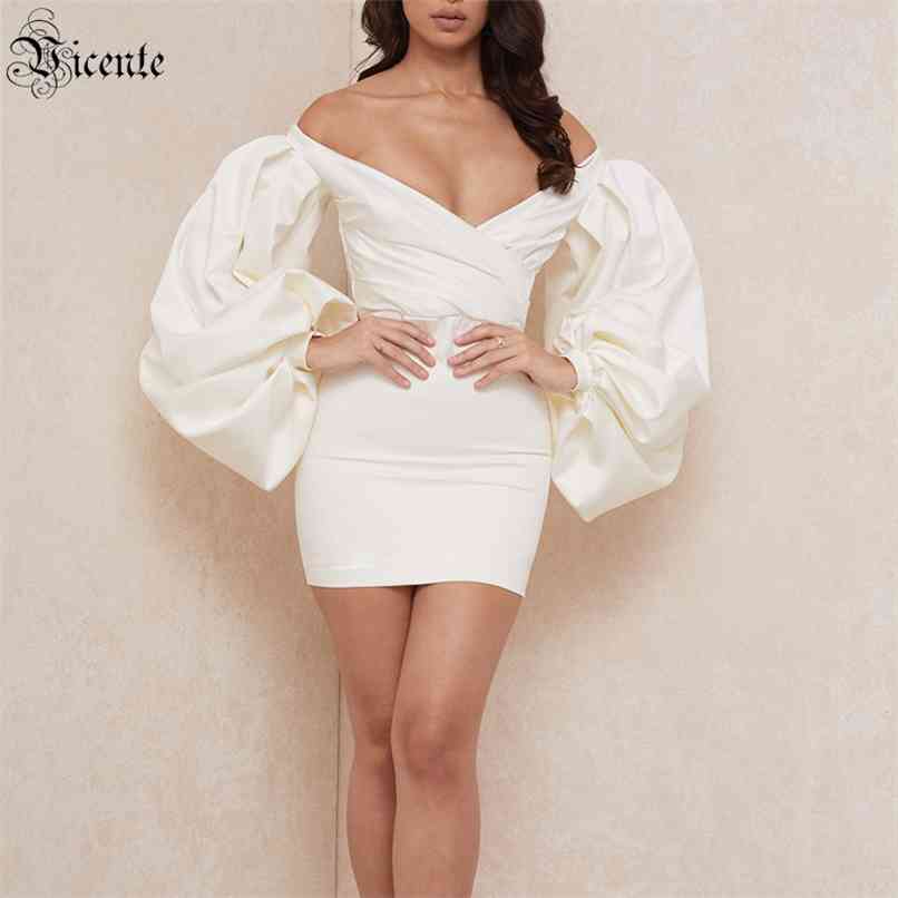 

Women's Dresses Important Occasion Cocktail Party White Puff Sleeve Draped Dress 210520