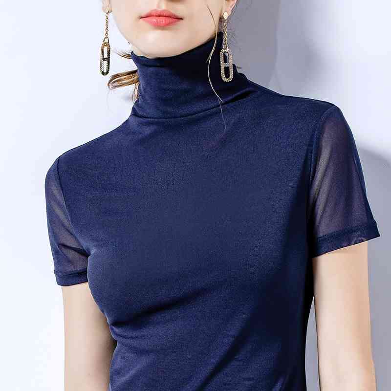 Short sleeve T-shirt women's high collar basic net yarn bottoming shirt 2021 summer new women's pure foreign style tight top