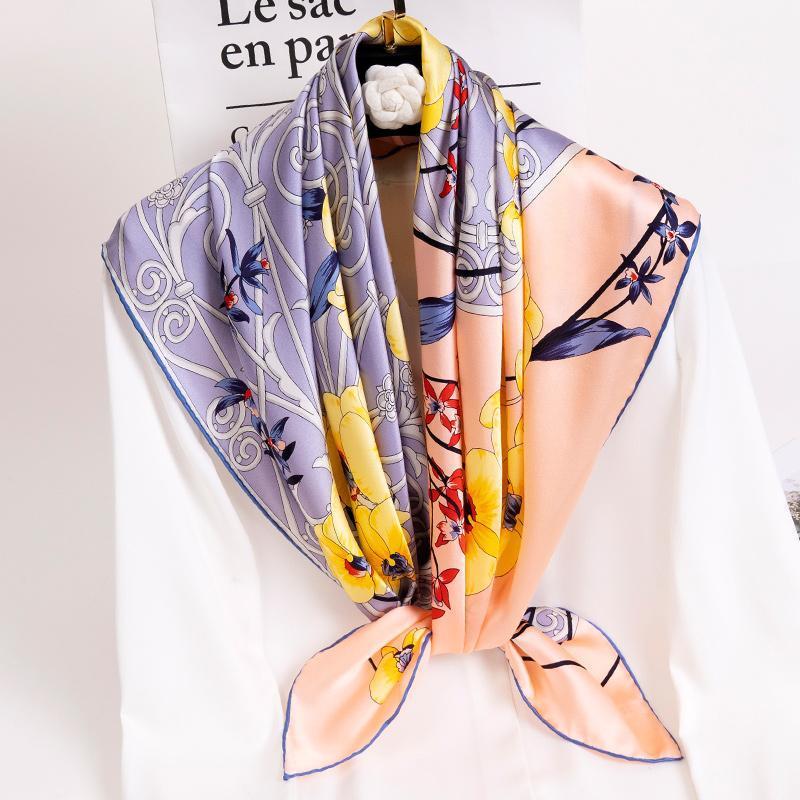 

100% Pure Silk Square Scarves Women Bandana Foulard Cheveux Print Headscarf Hangzhou Neckscarf Echarpe Femme 88x88cm, Blue;gray