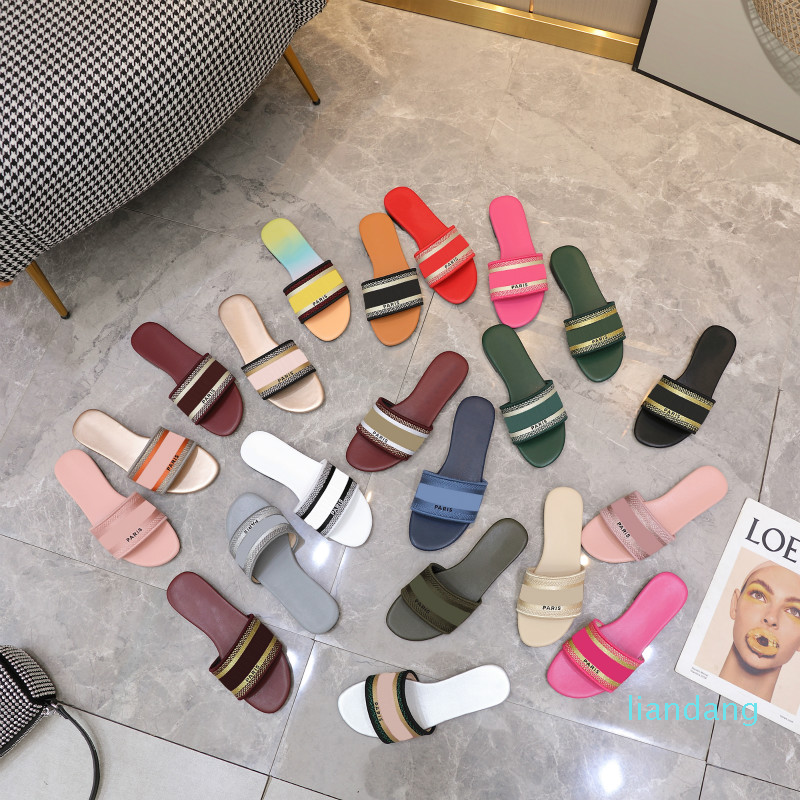 

women slippers designer Embroidery Sandals Ladies brand Summer Flat Slides outdoor beach woman Slipper colour letters slide with box
