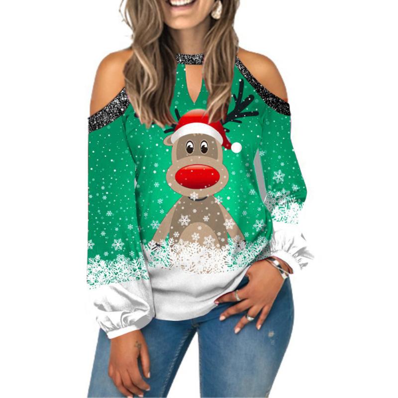 

Yoga Outfit 2021 Europe And The United States Fashion Christmas Moose Print Strapless Tops Long-sleeved T-shirt Casual Round Neck Women