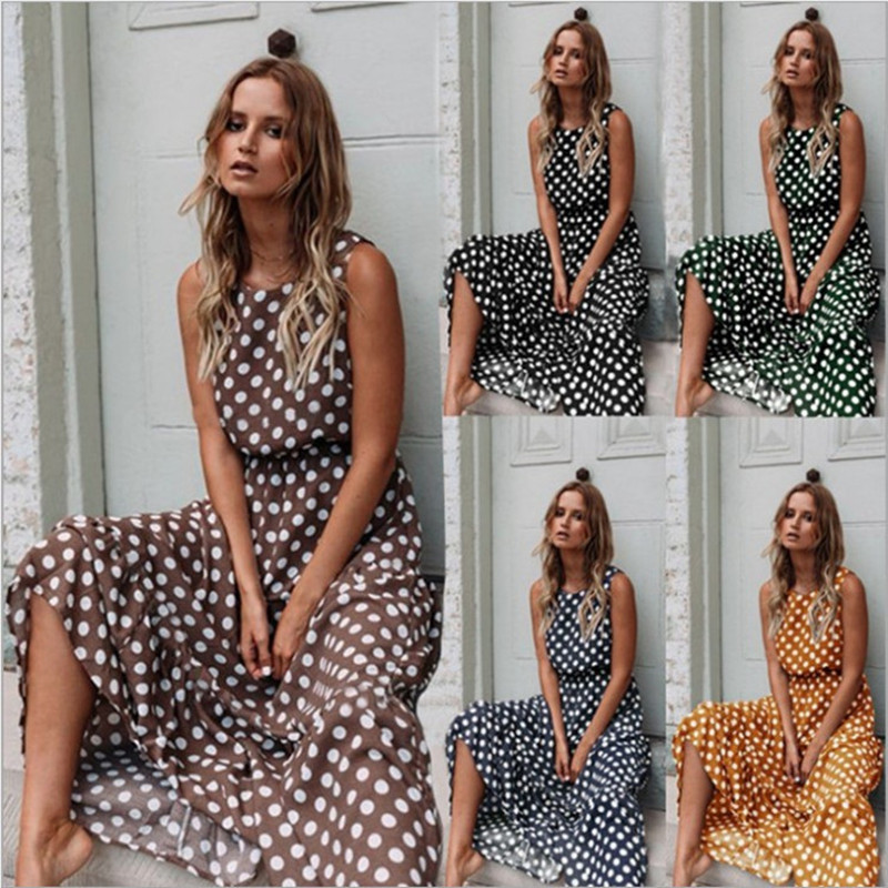 

LEOSOXS Summer Sexy O Neck Sleeveless Boho Polka Dot Print Maxi Dress 2021 Casual Empire Robe Ladies Party Long Dress Vestidos, Green
