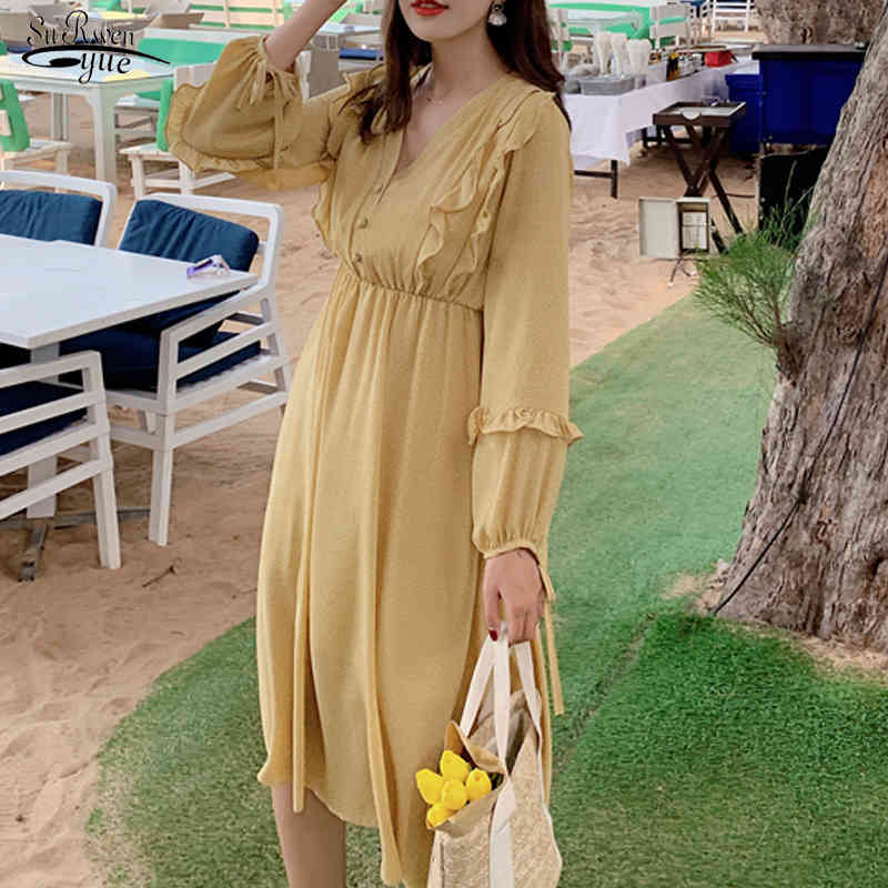 

Spring Korean Midi Long Chiffon Dresses Women Floral Dot Print Sweet V-neck High Waist Robe Mujer 13194 210521, Yellow