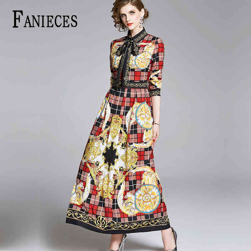 

10 colors Print Vintage office lady Dress Elegant Women spring autumn winter es fashion Long Sleeve Shirt Runway Maxi 210520, Nrj612a-7263