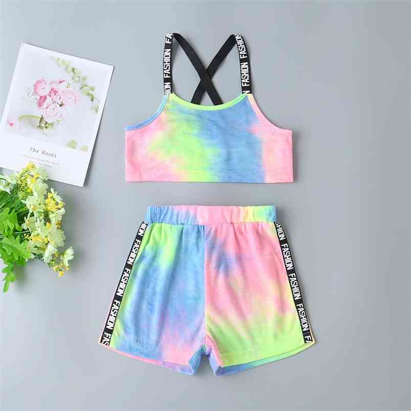 

Girls Clothes Sets For Kids Cute Strap Tie-dyed Tops Short Pants Letter Muti Summer 210629, Multi