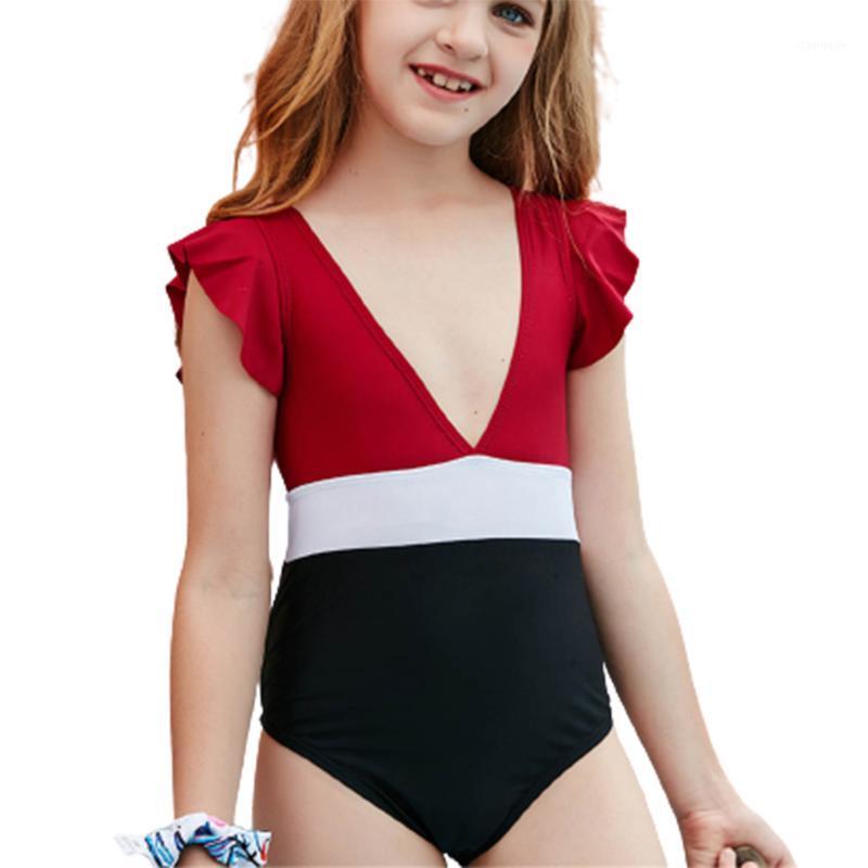 

Swimwear Kids Bikini Girl Casual Color Matching Cute Solid One Piece Children's Bathing Suit Baby One-Pieces, Red