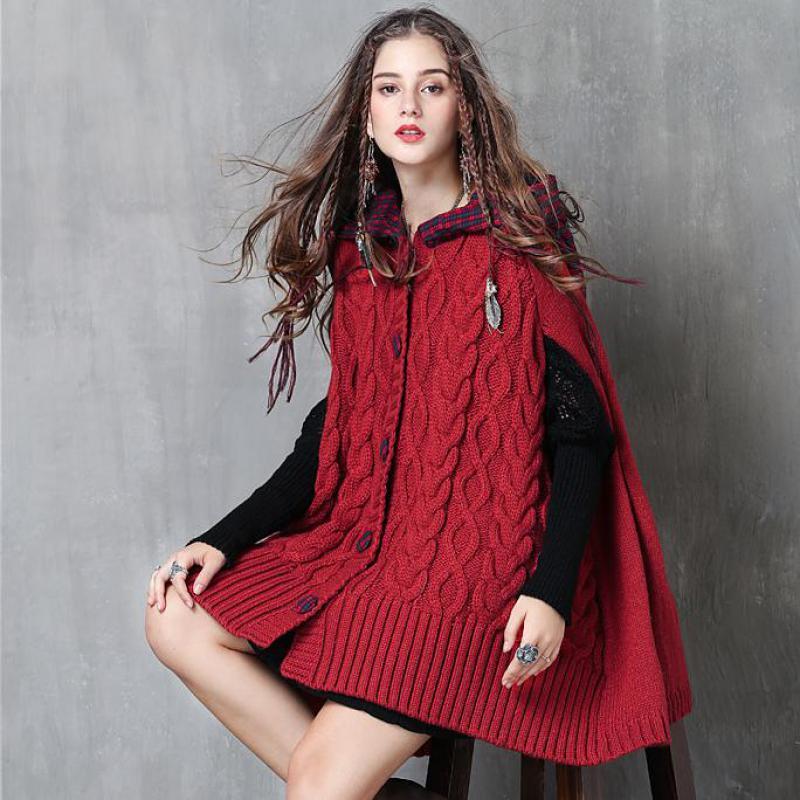 

Johnature Women Clothes Winter Sweater Single Breasted Sleeveless Hooded Cloak Loose Patchwork Leisure Women Sweater 210521, Beige