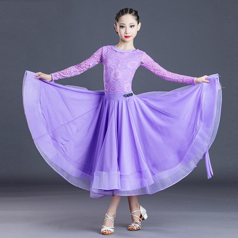 

Stage Wear Arrival Ballroom Dresses Girls Spring Waltz Dancing Competition Costume Lace Long Sleeve Stitching Performance, Purple suit