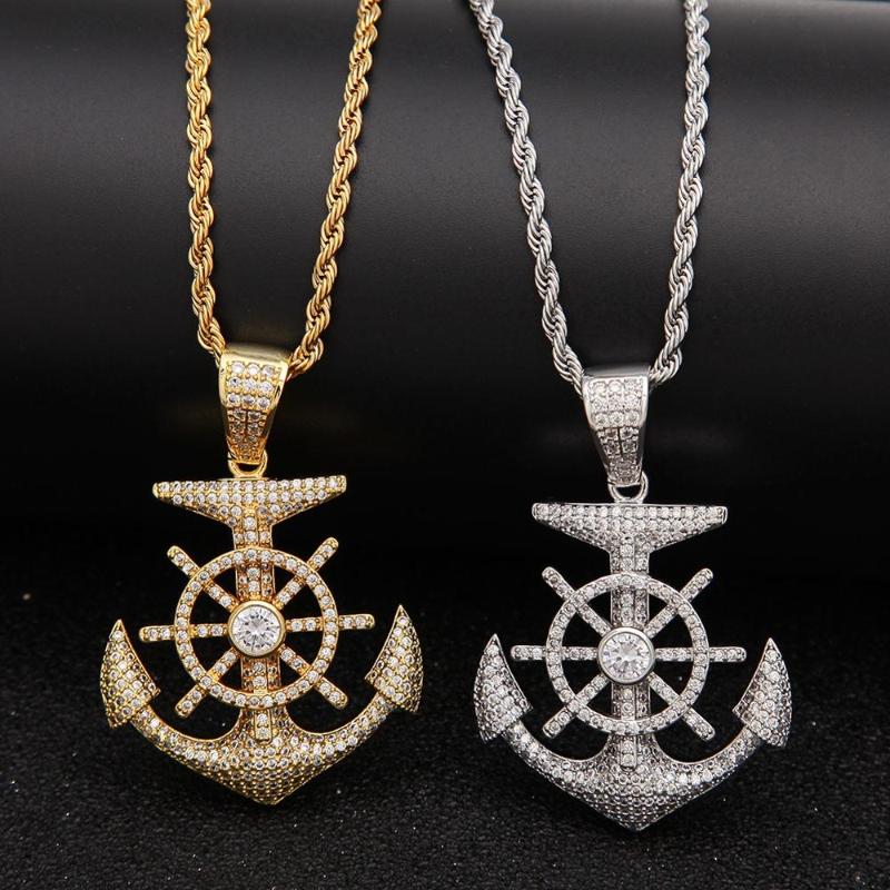 Pendant Necklaces Fashion Hip Hop Necklace Mosaic Zircon Rudder Anchor Male Gold Color DJ Night Club Cool Cuban Chain Bling Jewelry-image-709053496