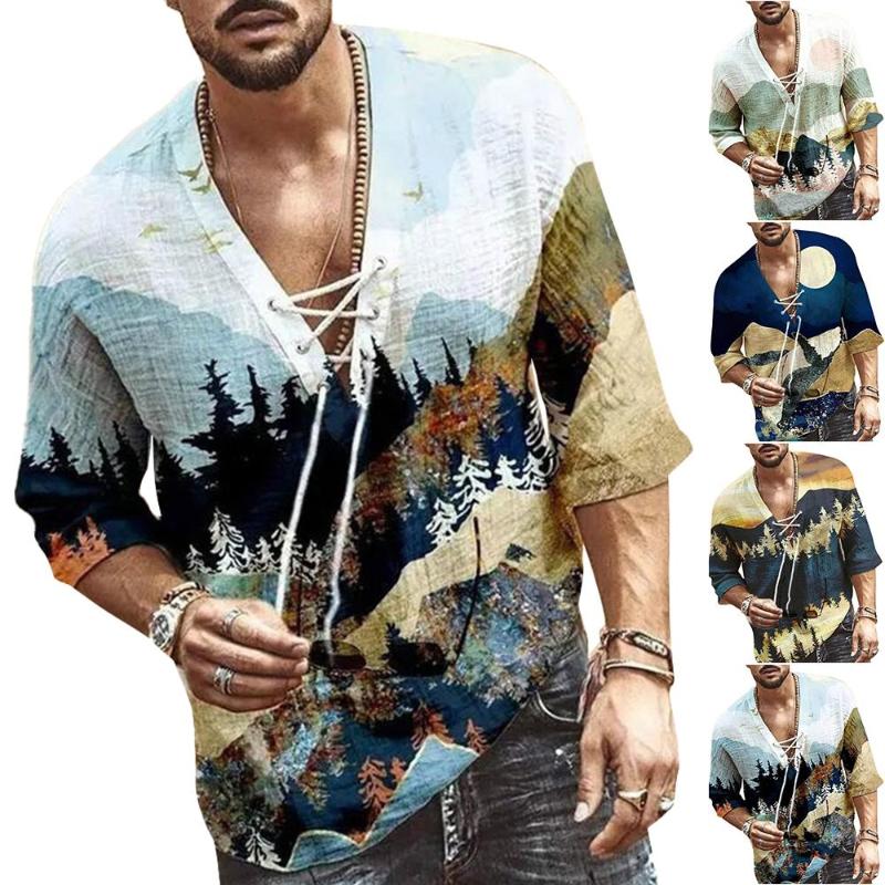 

Men' T-Shirts V Neck Drawstring Tops Men Half Sleeve Floral Printed Fitness Shirts Tees, White