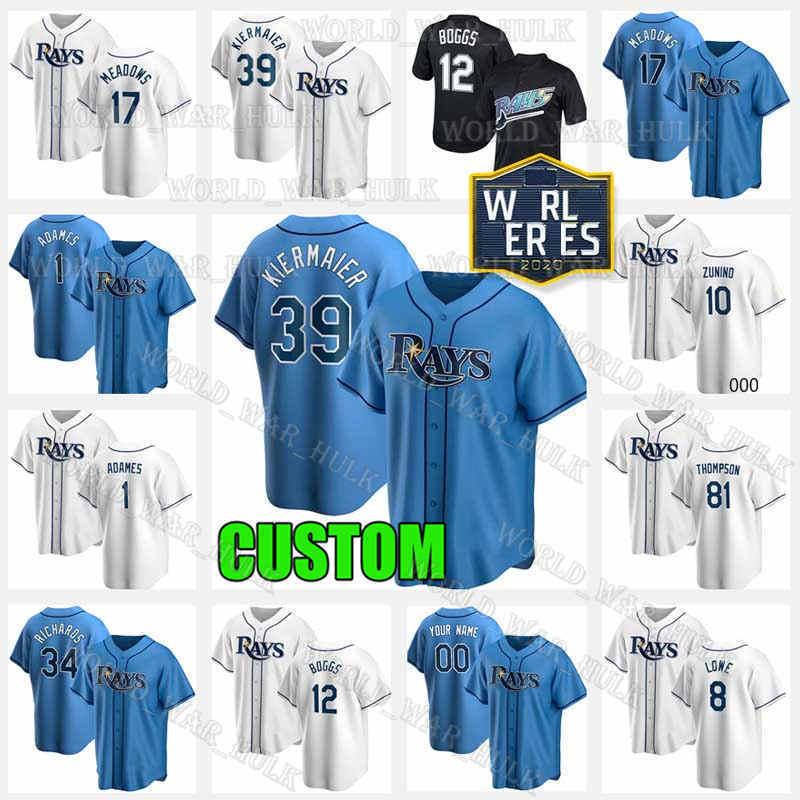

39 Kevin Kiermaier Jersey Mens Rays 12 Wade Boggs Tampa 1 Willy Adames Bay Ryan Thompson Austin Meadows 10 Mike Zunino 2021 Custom, Blue;black